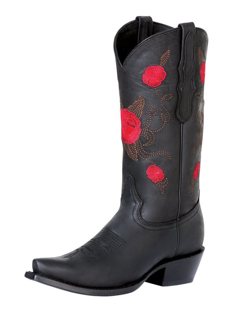 Women’s Leather Floral Embroidered Shaft Retro Western Cowgirl Boots 'El General' 41908 - BELLEZA'S - Women’s Leather Floral Embroidered Shaft Retro Western Cowgirl Boots 'El General' 41908 - Women's Boots - 04190801
