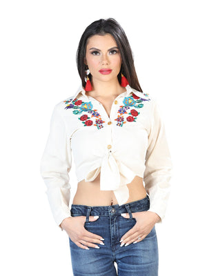 Women’s Long Sleeve Floral Embroidered Artisanal Crop Top Beige 603906 - BELLEZA'S - Women’s Long Sleeve Floral Embroidered Artisanal Crop Top Beige 603906 - Women's Blouse - 60390601