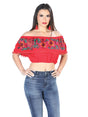 Women’s Off the Shoulder Floral Embroidered Artisanal Crop Top Red 603937 - BELLEZA'S - Women’s Off the Shoulder Floral Embroidered Artisanal Crop Top Red 603937 - Women's Blouse - 60393701