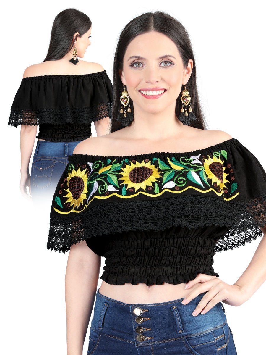 Women’s Off the Shoulder Sunflowers Embroidered Artisanal Crop Top Black 603984 - BELLEZA'S - Women’s Off the Shoulder Sunflowers Embroidered Artisanal Crop Top Black 603984 - Women's Blouse - 60398401