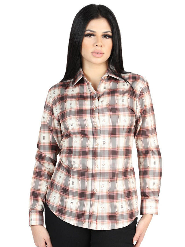 Women’s Orange/Beige Plaid Print Long Sleeve Western Shirt 'El Señor de los Cielos' 44716 - BELLEZA'S - Women’s Orange/Beige Plaid Print Long Sleeve Western Shirt 'El Señor de los Cielos' 44716 - Women's Shirt - 04471601