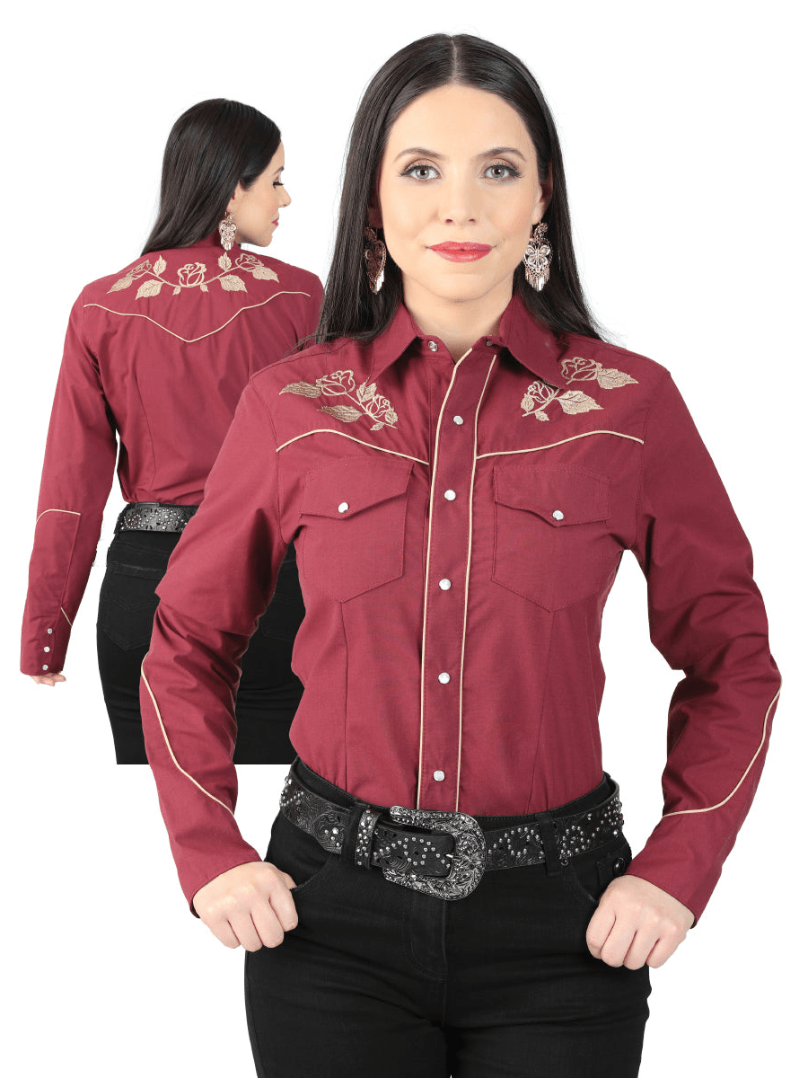 Women's Wine Floral Embroidered Long Sleeve Western Shirt 'El General' 42971 - BELLEZA'S - Women's Wine Floral Embroidered Long Sleeve Western Shirt 'El General' 42971 - Women's Shirt - 42971 S