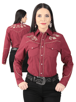 Women's Wine Floral Embroidered Long Sleeve Western Shirt 'El General' 42971 - BELLEZA'S - Women's Wine Floral Embroidered Long Sleeve Western Shirt 'El General' 42971 - Women's Shirt - 42971 S