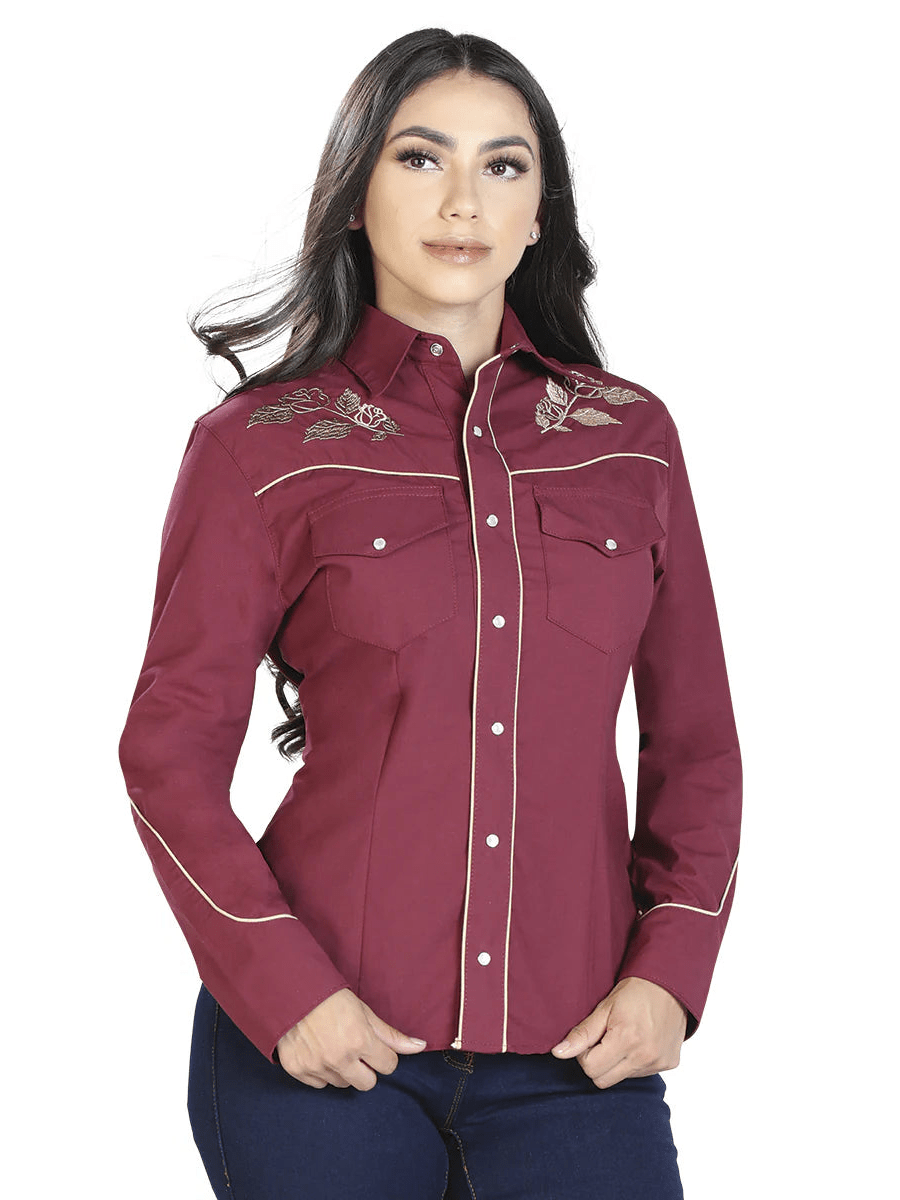 Women's Wine Floral Embroidered Long Sleeve Western Shirt 'El General' 42971 - BELLEZA'S - Women's Wine Floral Embroidered Long Sleeve Western Shirt 'El General' 42971 - Women's Shirt - 42971 S