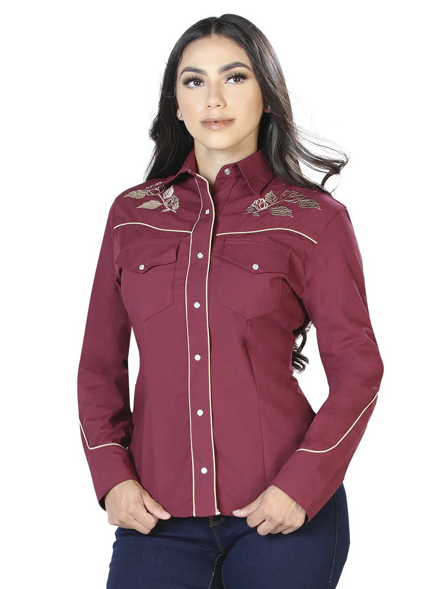 Women's Wine Floral Embroidered Long Sleeve Western Shirt 'El General' 42971 - BELLEZA'S - Women's Wine Floral Embroidered Long Sleeve Western Shirt 'El General' 42971 - Women's Shirt - 42971 S
