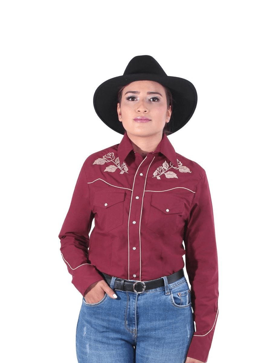 Women's Wine Floral Embroidered Long Sleeve Western Shirt 'El General' 42971 - BELLEZA'S - Women's Wine Floral Embroidered Long Sleeve Western Shirt 'El General' 42971 - Women's Shirt - 42971 S