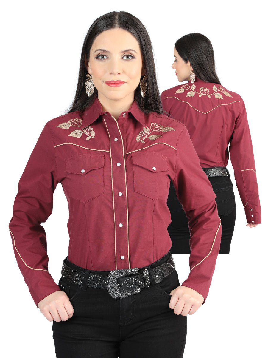 Women's Wine Floral Embroidered Long Sleeve Western Shirt 'El General' 42971 - BELLEZA'S - Women's Wine Floral Embroidered Long Sleeve Western Shirt 'El General' 42971 - Women's Shirt - 42971 S