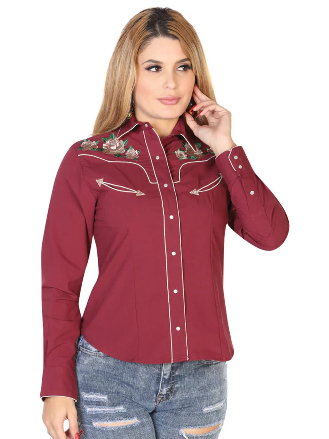 Women’s Wine Floral Embroidered Long Sleeve Western Shirt 'El Señor de los Cielos' 42965 - BELLEZA'S - Women’s Wine Floral Embroidered Long Sleeve Western Shirt 'El Señor de los Cielos' 42965 - Women's Shirt - 04296501