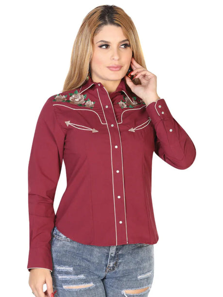 Women’s Wine Floral Embroidered Long Sleeve Western Shirt 'El Señor de los Cielos' 42965 - BELLEZA'S - Women’s Wine Floral Embroidered Long Sleeve Western Shirt 'El Señor de los Cielos' 42965 - Women's Shirt - 04296501