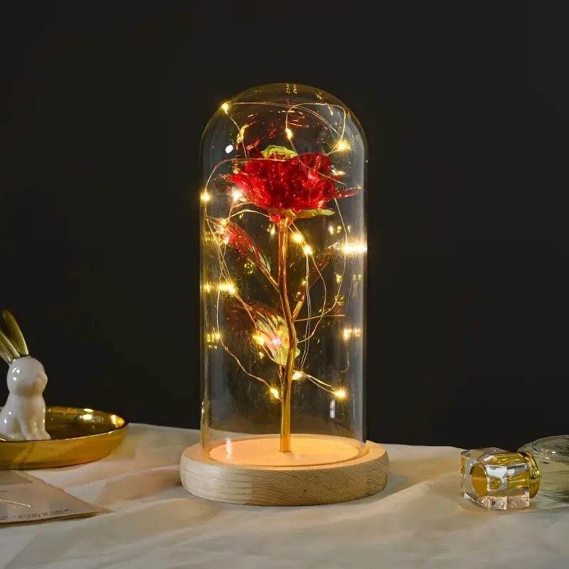 1pc, Solid Wood Base Glass Cover Goldeb Foil Rose Flower Glow Led Valentine's Day Gift Mother's Day Gift Birthday Gift Ornament - BELLEZA'S - Valentine's Day - 03409