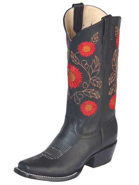 Botas Vaqueras Rodeo con Tubo Bordado de Flores Piel Crazy para Mujer 'El General' *NEGRO-51163* - BELLEZA'S