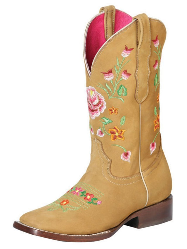 Botas Vaqueras Rodeo con Tubo Bordado Flores Piel Nobuck para Mujer 'El General' *HONEY-51121* - BELLEZA'S - Botas Para Damas - 51121