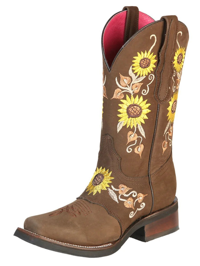 Botas Vaqueras Rodeo de Antifaz con Tubo Bordado de Girasoles Piel Nobuck Para Mujer 'El General' *CAFE-51148* - BELLEZA'S - Botas Para Damas - 51148