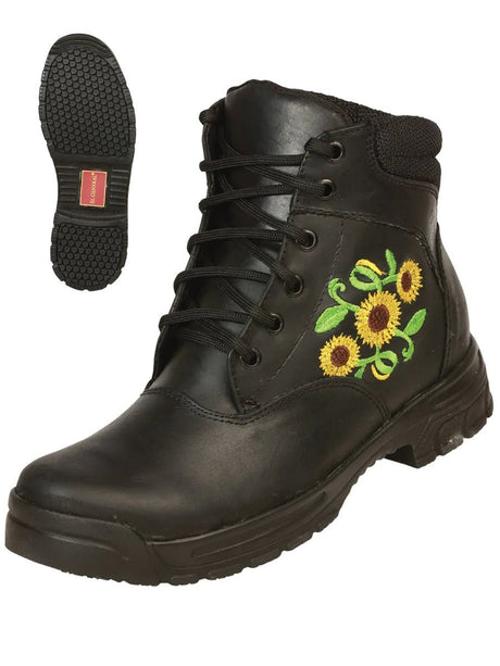 Botines Con Agujetas Bordado Girasoles Piel Genuina Para Mujer/Joven 'El General' *NEGRO-43346* - BELLEZA'S - Botines Para Mujeres - 43346