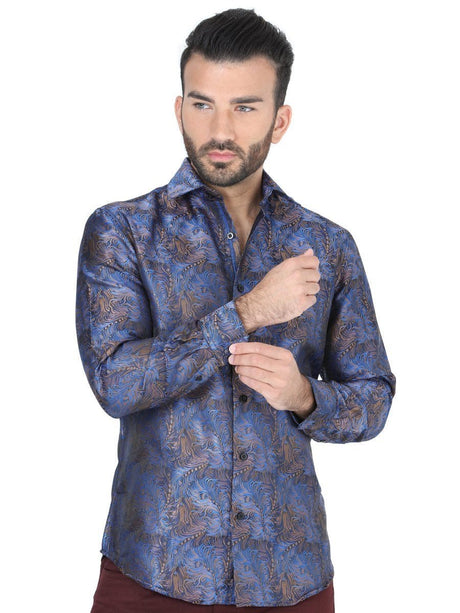 Camisa Casual Manga Larga para Hombre 'Centenario' *AZUL/ORO-41719* - BELLEZA'S - Camisa Casual Manga Larga para Hombre, 100% Polyester 'Centenario' - ID: 41719 AZUL/ORO - BELLEZA'S - Camisas Para Hombres - 41719