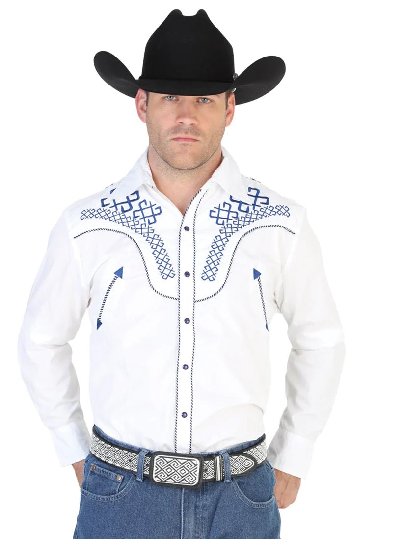 Camisa Vaquera Bordada Manga Larga para Hombre 'El Señor de los Cielos' *WHITE-42471* - BELLEZA'S - Camisa Vaquera Bordada Manga Larga para Hombre 'El Señor de los Cielos' *WHITE-42471* - Camisa Para Hombre Bordada - 42471 01