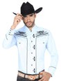 Camisa Vaquera Charra Bordada Manga Larga Cafe/Blanco para Hombre 'El General' *Celeste-123906* - BELLEZA'S - Camisa Vaquera Charra Bordada Manga Larga Cafe/Blanco para Hombre 'El General' *Celeste-123906* - Camisa Para Hombre Bordada - 123906 1