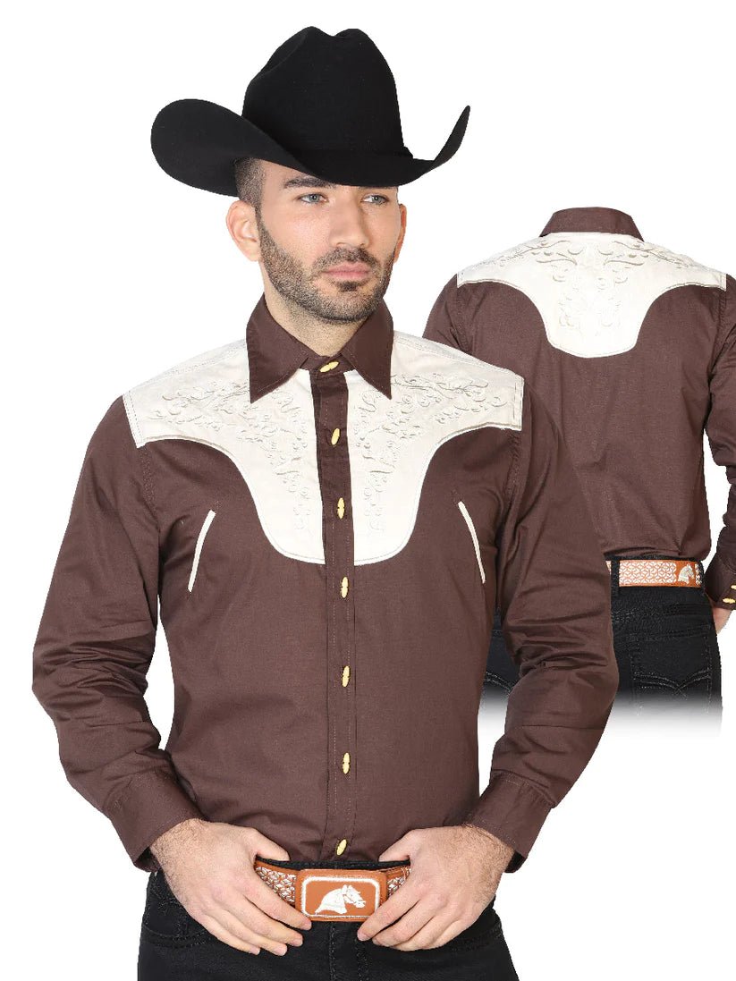 Camisa Vaquera Charra Bordada Manga Larga Para Hombre 'El Señor de los Cielos' *CAFE-42583* - BELLEZA'S - Camisa Vaquera Charra Bordada Manga Larga Para Hombre 'El Señor de los Cielos' *CAFE-42583* - Camisa Para Hombre Bordada - 42583 01