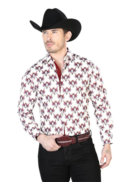 Camisa Vaquera Manga Larga Estampada Calaveras Toro Marfil Para Hombre 'El Señor de los Cielos' *Ivory-43683* - BELLEZA'S - Camisa Vaquera Manga Larga Estampada Calaveras Toro Marfil Para Hombre 'El Señor de los Cielos' *Ivory-43683* - Camisas Para Hombres - 43683