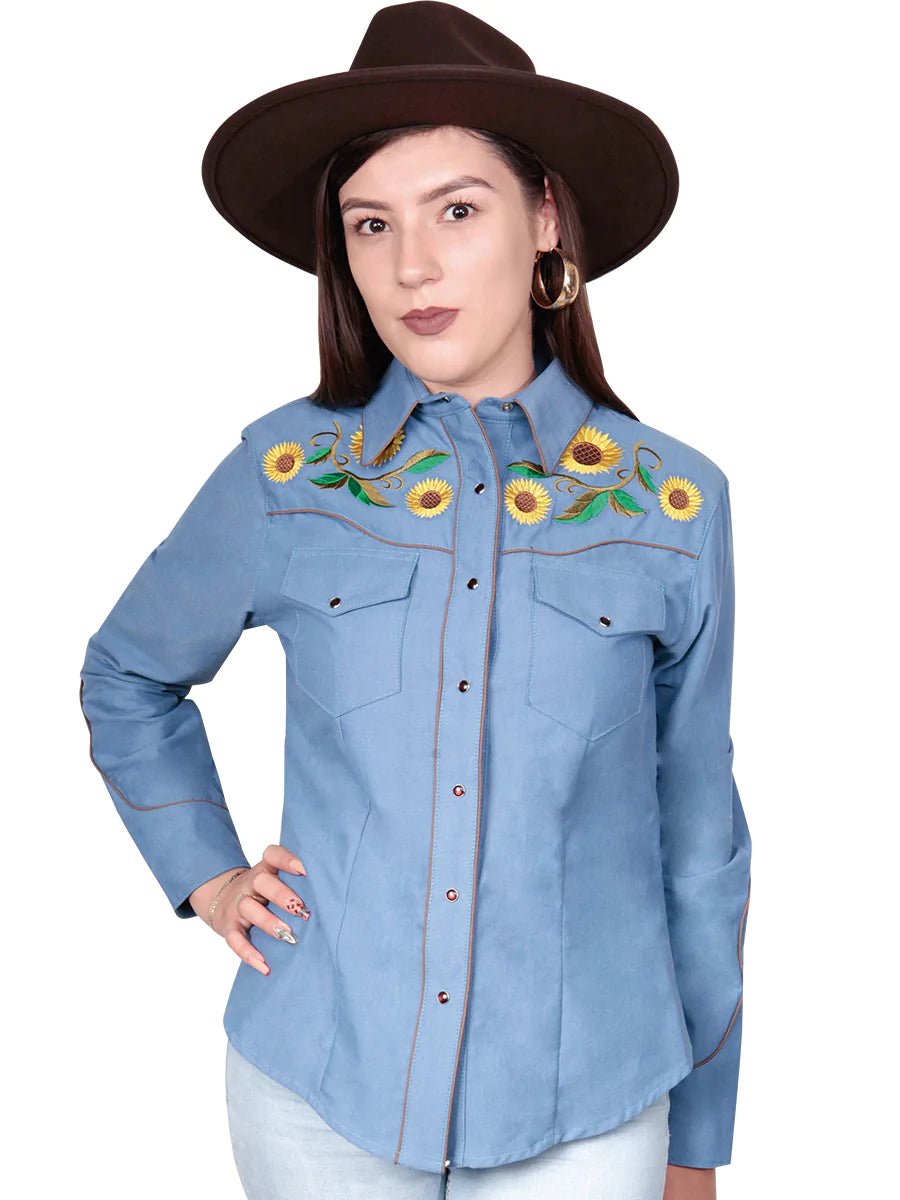 Camisa Vaquera Para Mujer Con Girasoles 'El Señor De Los Cielos' *BROW-125785* - BELLEZA'S - Camisa Vaquera Para Mujer Con Girasoles 'El Señor De Los Cielos' *BROW-125785* - Camisa Para Mujer - 125785 1