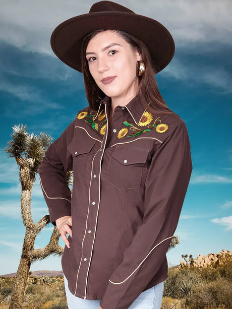 Camisa Vaquera Para Mujer Con Girasoles 'El Señor De Los Cielos' *BROW-125786* - BELLEZA'S - Blusa De Mujer Con Girasoles El Señor De Los Cielos *BROW-125786* - BELLEZA'S - Camisa - 125786