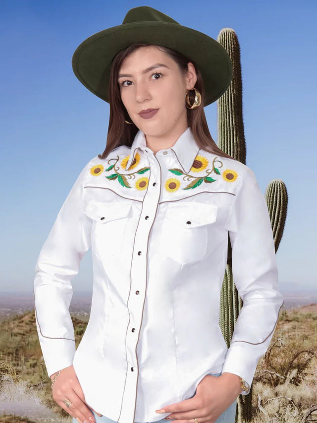 Camisa Vaquera Para Mujer Con Girasoles 'El Señor De Los Cielos' *WHITE-125783* - BELLEZA'S - Blusa De Mujer Con Girasoles El Señor De Los Cielos *WHITE-125783* - BELLEZA'S - Camisa Para Mujer - 125783