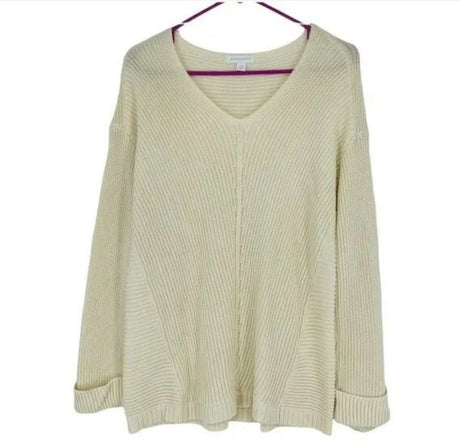 Charter Club V-Neck Cuffed-Sleeve Sweater Ivory Size Large - BELLEZA'S - Charter Club V-Neck Cuffed-Sleeve Sweater Ivory Size Large - BELLEZA'S - Sweater -