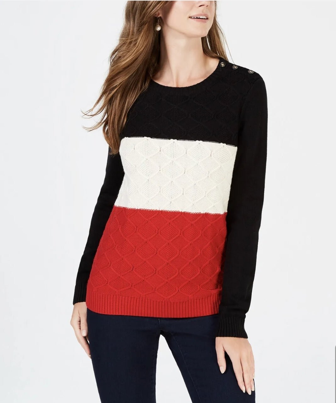 Charter Club Women's Colorblocked Cable-Knit Sweater Deep Black Combo Size XL - BELLEZA'S - Charter Club Women's Colorblocked Cable-Knit Sweater Deep Black Combo Size XL - BELLEZA'S - Sweater -