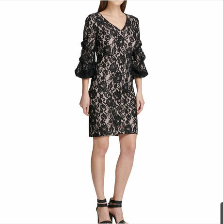 DKNY Women's Ruched-Sleeve Lace Sheath Dress - BELLEZA'S - DKNY Women's Ruched-Sleeve Lace Sheath Dress - BELLEZA'S - Vestidos -