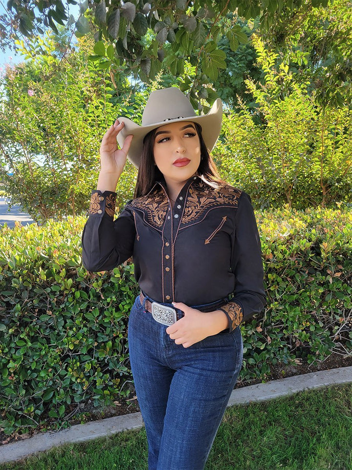 Women's Long Sleeve Western Shirt El Señor de los Cielos *BLACK/BROWN-43612* - BELLEZA'S - Women's Long Sleeve Western Shirt El Señor de los Cielos *BLACK/BROWN-43612* - BELLEZA'S - Camisa - 43612
