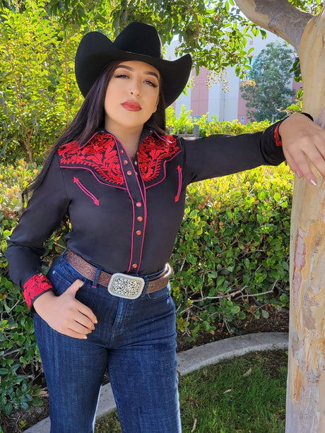 Women's Long Sleeve Western Shirt El Señor de los Cielos *Negro/Rojo-43611* - BELLEZA'S - Women's Long Sleeve Western Shirt El Señor de los Cielos *Negro/Rojo-43611* - BELLEZA'S - 43611